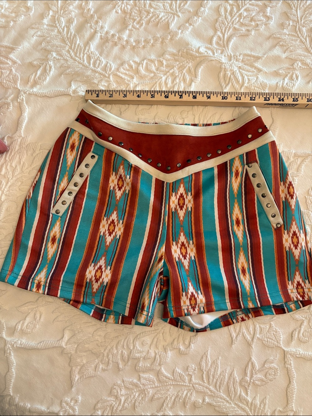 Crazy Train Turquoise & Rust Aztec High-Waist Shorts with Stud Trim